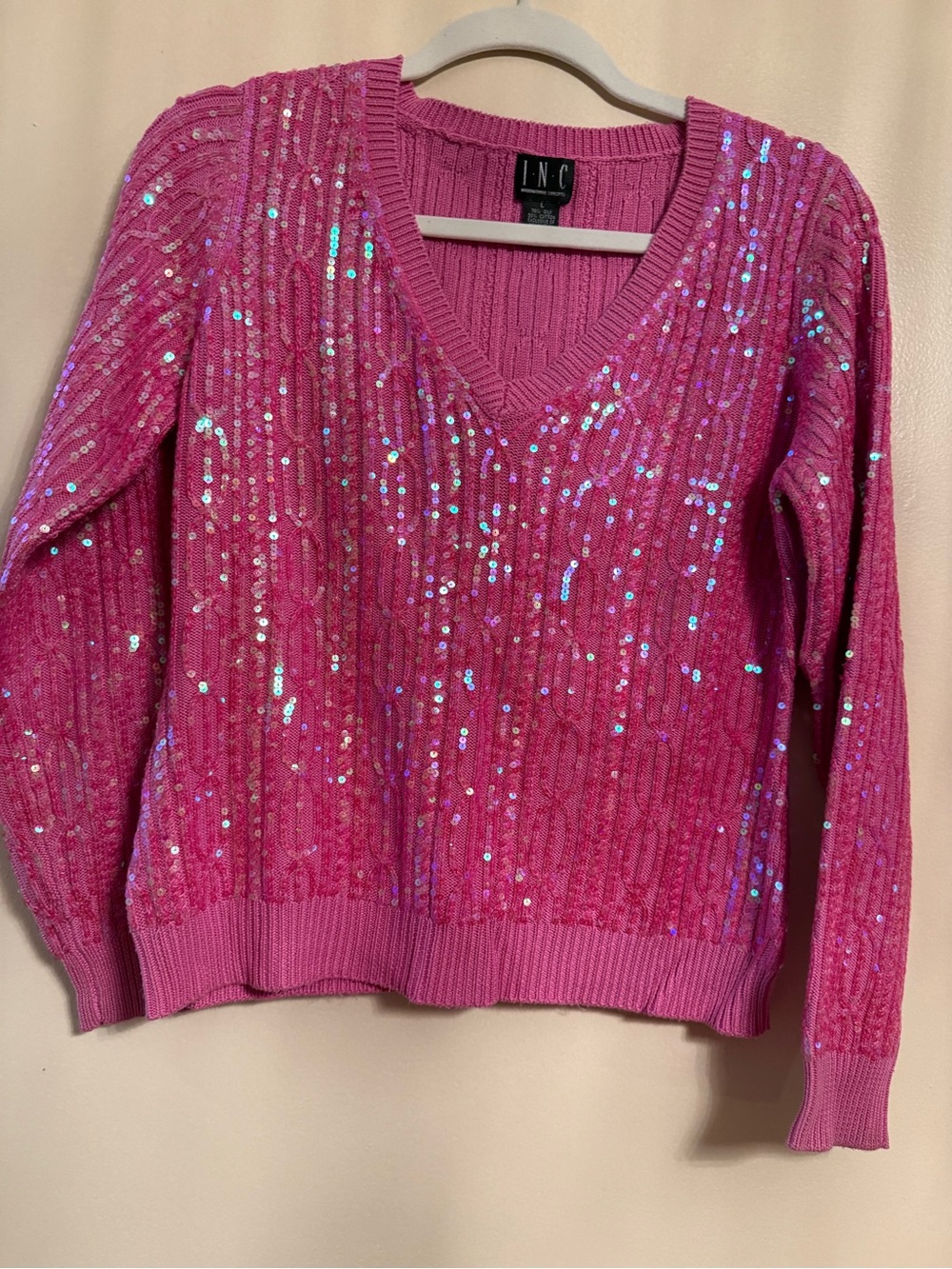 INC International Concepts Hot Pink Sequin V-Neck Sweater